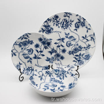 Mavi asma çiçeği beyaz porselen akşam yemeği setleri